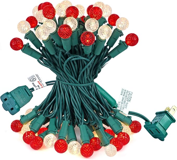 BOHON Christmas Lights 17FT 50 LED Faceted G15 Red and Warm White String Lights Outdoor Plug in Commercial Lighting Grade Tree Decorations for Indoor Xmas Decor, Green Wire, Waterproof