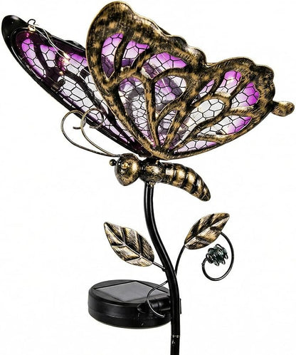 Decorative Outdoor Solar Butterfly Lights,Warm LED Handcrafted Pink Glass Stakes, 35 Inch Tall, Auto On-Off for Up to 8 Hours Glow, Waterproof Yard Patio Ornaments