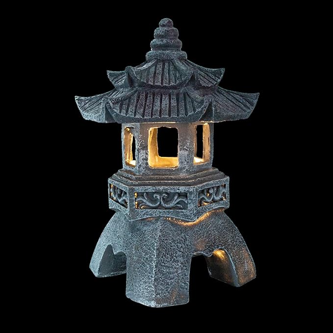 GANAZONO Statue Garden Solar Lights Resin Rock Lantern Pagoda Garden Statue for Patio Lawn Pathway Moon Decoration Grey