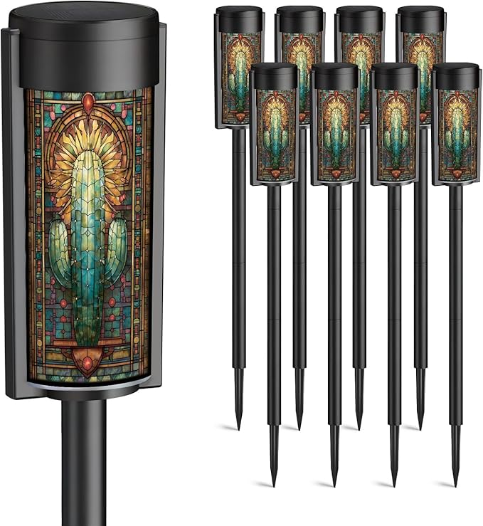 8 Pack Solar Pathway Lights Outdoor Waterproof Stained Glass Window Cactus Sunset Desert Western Motifs Solar Garden Lights LED Landscape Lighting for Yard Walkway Lawn Garden Decor