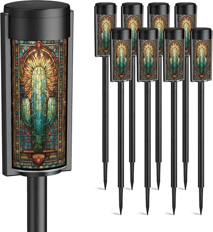 8 Pack Solar Pathway Lights Outdoor Waterproof Stained Glass Window Cactus Sunset Desert Western Motifs Solar Garden Lights LED Landscape Lighting for Yard Walkway Lawn Garden Decor