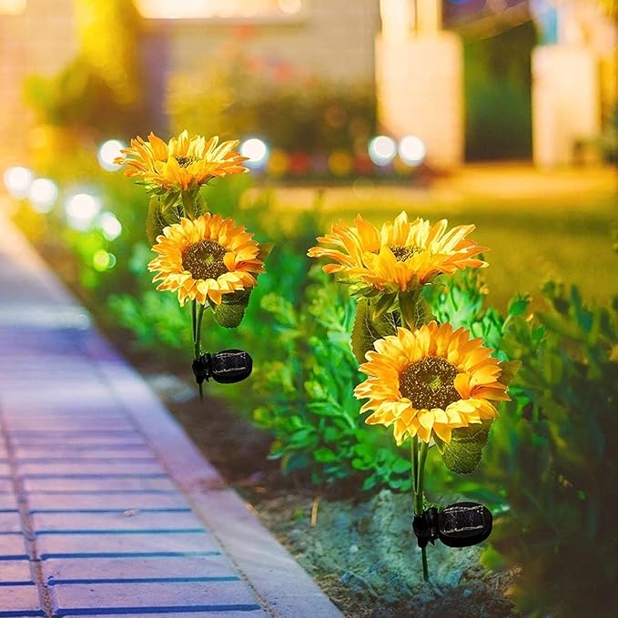 Solar Garden Lights Sunflower Solar Lights,Walkway Solar Lights Outdoor Waterproof | Waterproof Solar Pathway Lights with 2 Sunflowers for Garden Lawn Yard Pathway Decoration