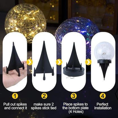 Solar Cracked Quartz Pathway Lights – IP68 Waterproof Dual-Temperature Glow for Garden Safety Artisanal Glass Globe with 10hr Runtime (Patio/Yard Decor) (Multicolored)