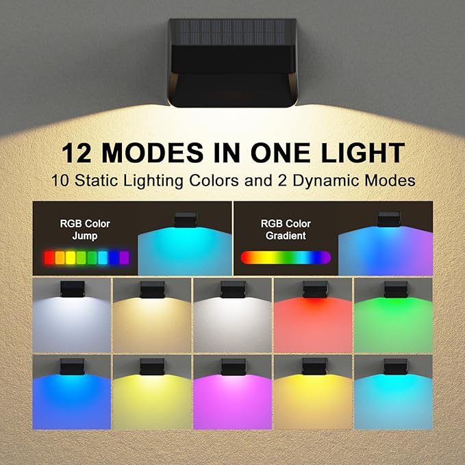 Solar Fence Lights,Fence Solar Lights Outdoor Waterproof Led IP65 with10 Fixed Colors ＆ RGB Color Changing for Wall Backyard Step Railing Patio Pool Porchaily&Holiday Decorations (12)