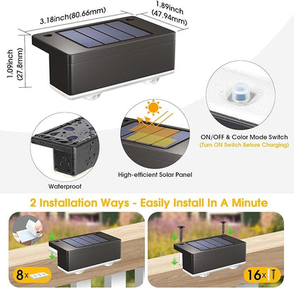 Solar Deck Light, 12 Packs LED Solar Step Lights Outdoor Waterproof, Solar-Powered Fence Lighting 3 Color Modes for Stairs Yard Garden Pathway