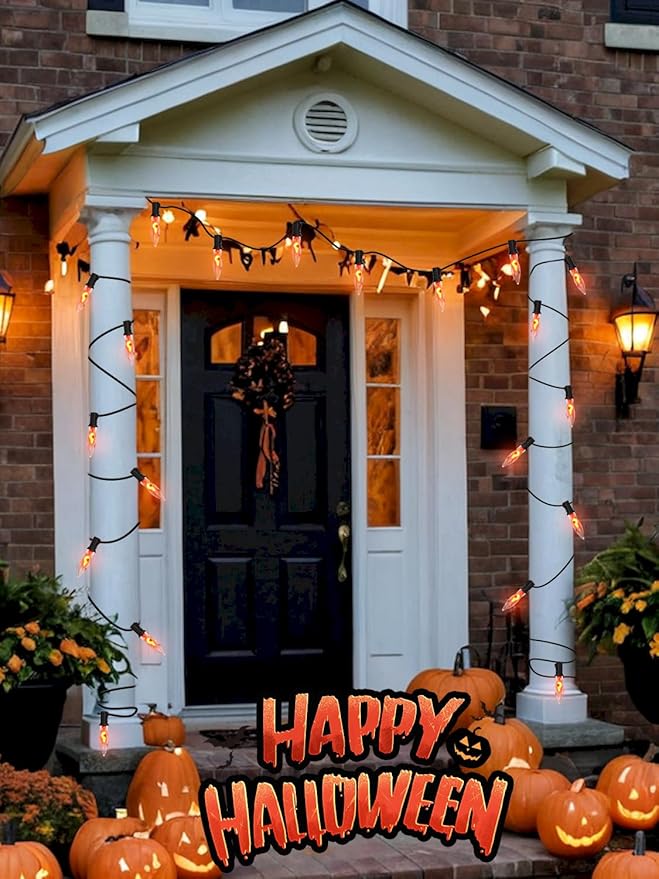 Halloween Flickering String Lights, 10FT C18 Flickering Flame Night Light with 10 Clear Flame Bulbs, Great for Outdoor Indoor Halloween Decoration - Black Wire