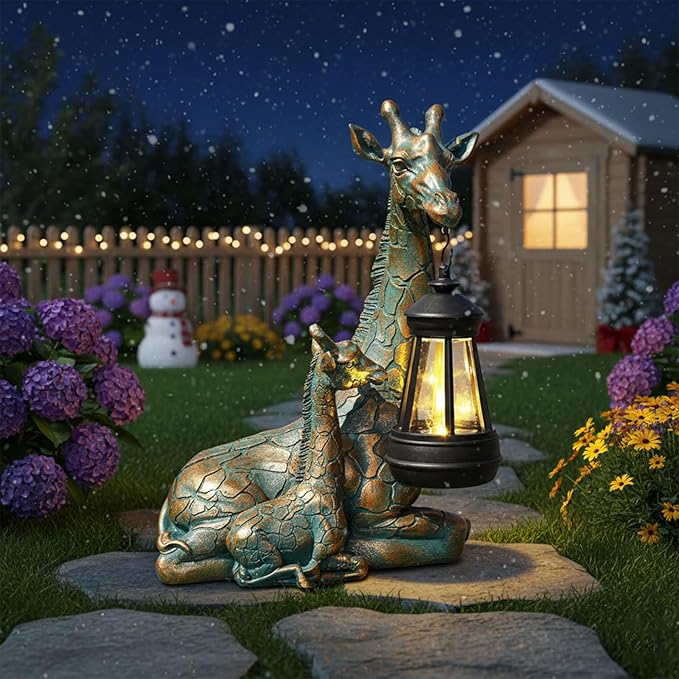 Solar Garden Decor - Mother Baby Giraffe Statue with Solar Lantern 9.7" Resin Giraffe Figurine Outdoor Patio Yard Porch Decor Gifts for Mom Grandma Women Gardeners
