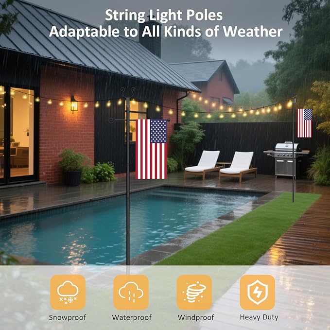 2 Pack String Light Poles - 10 Ft Patio Heavy Metal Lighting Posts, Adjustable Outdoor Stand with Fork for Backyard | Lumora