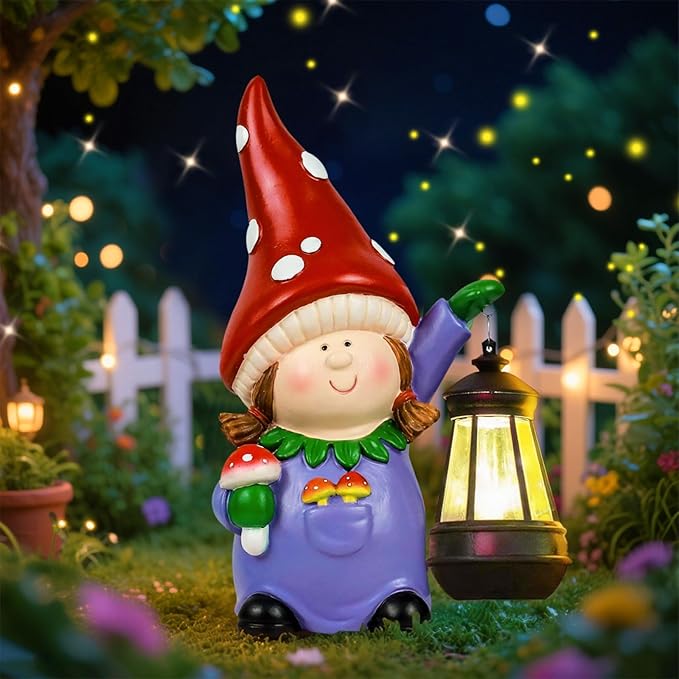 Gnome Statue Garden Ornaments Art Outdoor Decoration with Solar Powered LED Lights Decor for Patio,Balcony,Yard, Mum Birthday Gifts, Garden Gifts for Women, Chrismtas Gifts for Mom Grandma