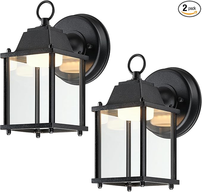 LIT-PaTH Outdoor LED Wall Lantern, Wall Sconce Exterior Porch Lighting Fixture, 3000K Warm White, 9.5W 800 Lumen, Aluminum Housing Plus Glass, Black Finish, 2-Pack