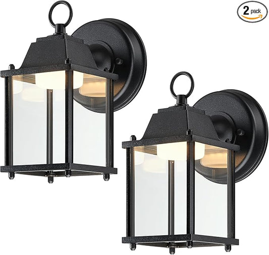 LIT-PaTH Outdoor LED Wall Lantern, Wall Sconce Exterior Porch Lighting Fixture, 3000K Warm White, 9.5W 800 Lumen, Aluminum Housing Plus Glass, Black Finish, 2-Pack