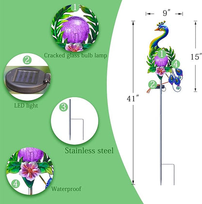 Solar Globe Lights for Yard Decoration,40.9 Inch Metal Peacock Front Porch Decor with Cracked Glass Puck Light for Patio Pathway Yard Decoration