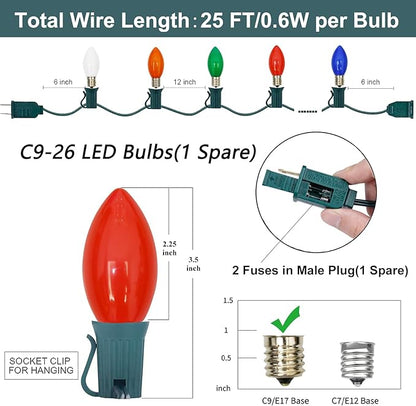 SUNSGNE C9 LED Christmas Lights Outdoor 25FT Multicolor String Lights with 27 0.6W LED Plastic Bulbs(2 Spare) for Patio Garden Roofline Backyard Décor, Green Wire