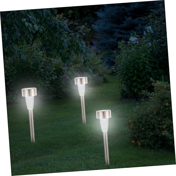 Happyyami 12pcs Solar Powered Stainless Steel Pathway Lights Outdoor Landscape Lighting Kit for Patio Garden Bright White LED Solar Garden Lights