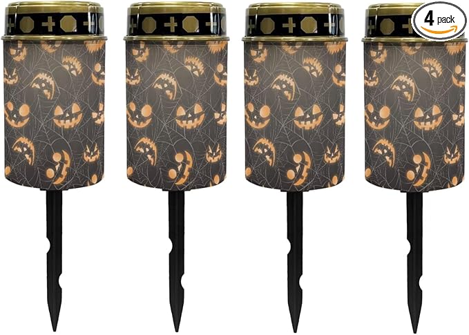 Poceacles Solar Lights Cemetery Solar Lights for Grave Solar Candle Solar Lantern Light Walkway Lights Waterproof Landscape Lighting for Halloween Decorations, Pumpkin Spider Web Print, Pack of 4