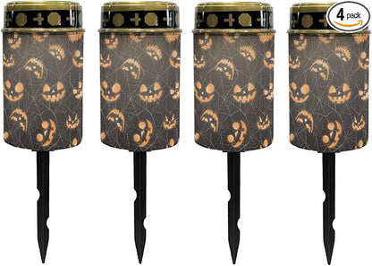 Poceacles Solar Lights Cemetery Solar Lights for Grave Solar Candle Solar Lantern Light Walkway Lights Waterproof Landscape Lighting for Halloween Decorations, Pumpkin Spider Web Print, Pack of 4