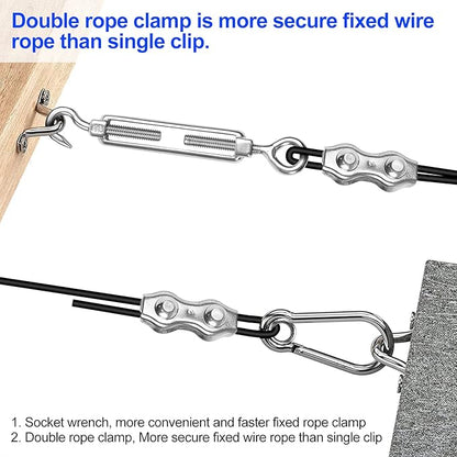 BLIKA String Light Hanging Kits, 300FT Coated Stainless Steel 304 Wire Rope, Outdoor Light Guide Wire, Globe String Light Suspension Kit Included Turnbuckles, Enough Accessories, Use Manual