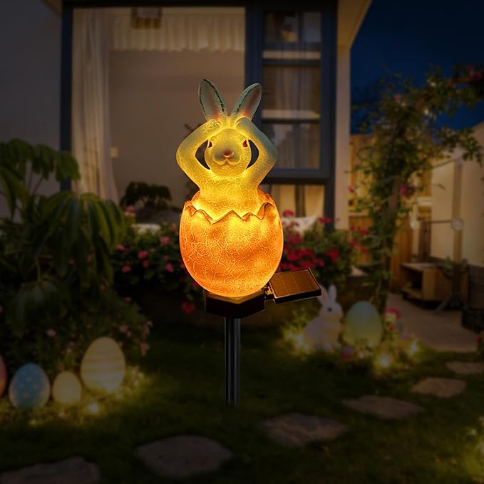 Solar Easter Egg Bunny Lights Outdoor, Waterproof Easter Solar Lights Rabbit Bunny Garden Statue Easters Yard Egg Decorations Outdoor for Outside Cemetery Grave (Orange Don't Hear)
