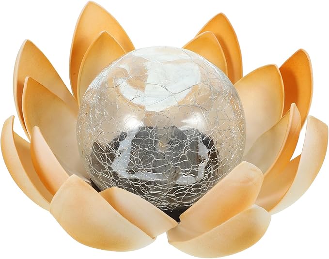 Veemoon Solar Powered Lotus Ground Lamp Yellow, Outdoor Garden Crackle Glass Path Light, Decorative Solar Lawn Light for Patio and Yard