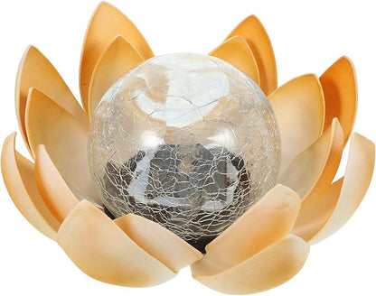 Veemoon Solar Powered Lotus Ground Lamp Yellow, Outdoor Garden Crackle Glass Path Light, Decorative Solar Lawn Light for Patio and Yard