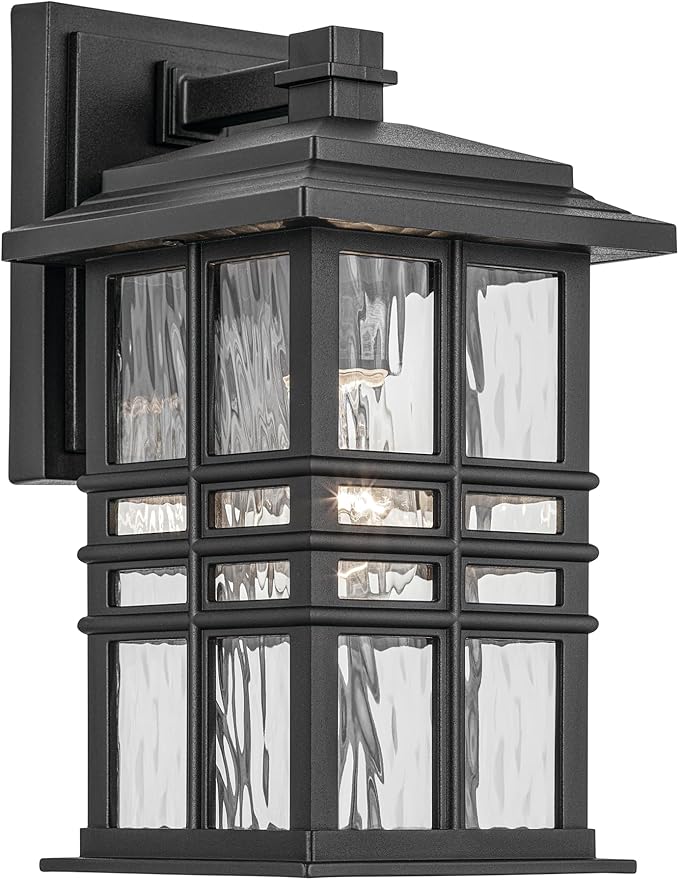 Kichler Beacon Square 12" 1-Light Outdoor Wall Light with Clear Hammered Glass in Textured Black, for Exterior | Lumora