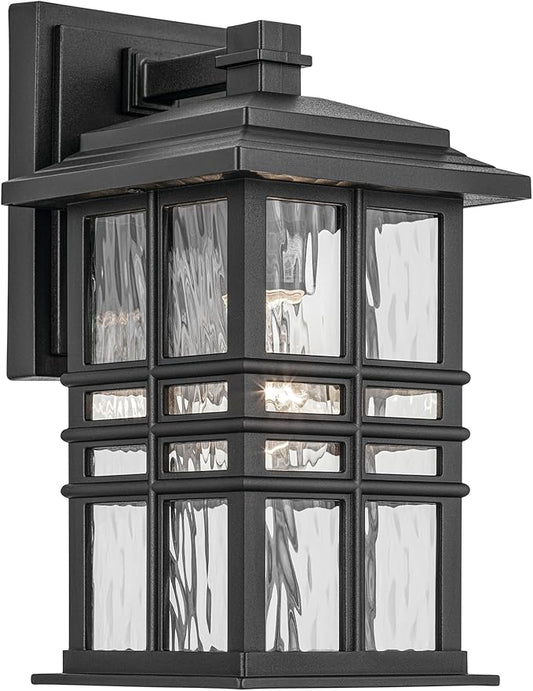 Kichler Beacon Square 12" 1-Light Outdoor Wall Light with Clear Hammered Glass in Textured Black, for Exterior Doors, Garage, Porch, or Patio (12" x 6.5"), 49829BKT