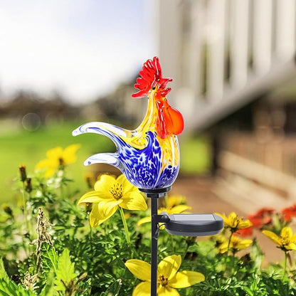 Bshine Solar Garden Decor Outdoor Rooster Light, Hand Blown Glass Waterproof Solar Light Stake Decoration Road, Path, Lawn and Yard Art for Moms, or Chicken Lovers