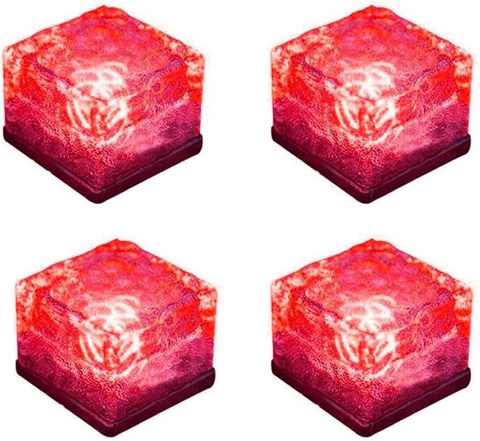 4 Pack Solar Path Ice Cube Lights Outdoor, Waterproof Glass LED Glass Clear Brick in-Groud Buried Festive Light Night Lamp for Garden Courtyard Pathway Patio Pool Pond Decoration(Red)