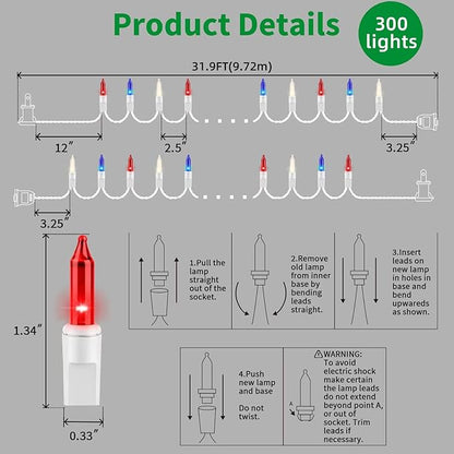 LAMPHOME Patriotic String Lights - Red White Blue Mini Lights with White Wire - 31.9Ft 300 Count UL Certified String Lights for Independence Day Patriotic Holidays Decoration (Red, White & Blue)