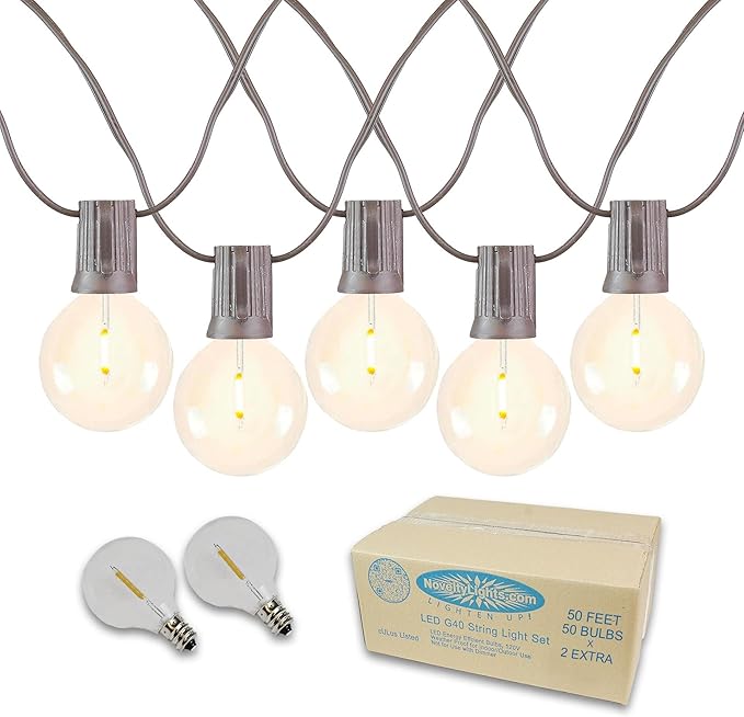 Novelty Lights 50 Feet G40 LED Patio String Light Set with 50 Bulbs, Warm White, Weather Resistant and Shatterproof Replaceable Plastic Globe Bulbs, Brown Wire