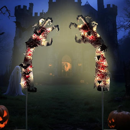2PCS Solar Halloween Garden Stake Lights Zombie Hand Halloween Pathway Lights with Bats Spiders, Metal Landscape Path Scary Decorative for Pathway Patio Lawn Yard, Red