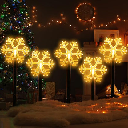 Mycznsyard Solar Snowflake Pathway Light 5 Pack Christmas Decorative Lights Waterproof LED Night Lights for Outdoor Ground Lawn Landscape Holiday Party Decor (Warm White)