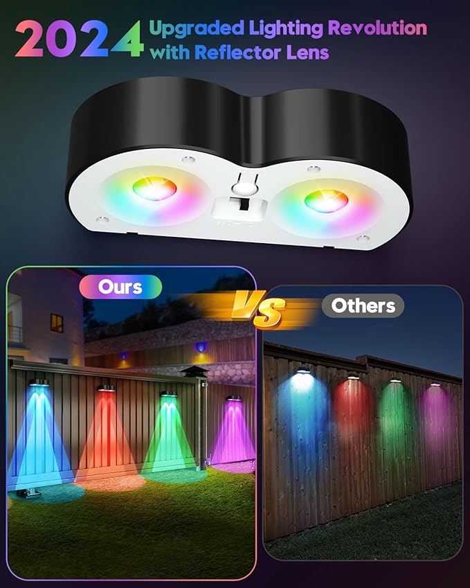 Upgraded Solar Fence Lights Outdoor 8 Pack with Spot Lensed, Warm White, Cold White & RGB 8 Fixed Colors Bright Fence Lights, Waterproof Color Glow Lights for Fence Wall Step Deck Railing Patio