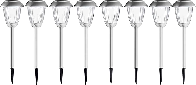 Solar Path Lights, Set of 8-16” Tall Stainless Steel Outdoor Stake Lighting for Garden, Landscape, Yard, Driveway, Walkway by Pure Garden (Gunmetal)