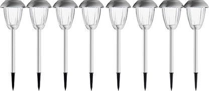 Solar Path Lights, Set of 8-16” Tall Stainless Steel Outdoor Stake Lighting for Garden, Landscape, Yard, Driveway, Walkway by Pure Garden (Gunmetal)