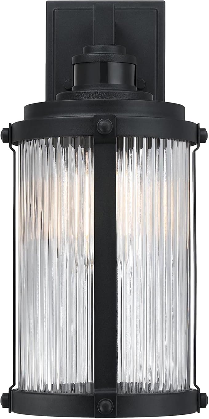 Westinghouse 6120600 Armin Vintage-Style One Light Outdoor Wall Fixture with Motion Sensor, Textured Black Finish, Clear Ribbed Glass