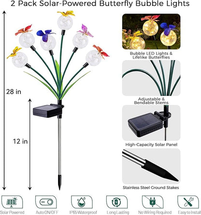 2 Pack Solar Outdoor Decorative Lights, Garden Lights Solar Powered with 12 Led Globe Lights and Butterflies, Gifts for Women Grandma, Solar Decorations for Garden Yard Lawn Ornaments (Butter Warm)