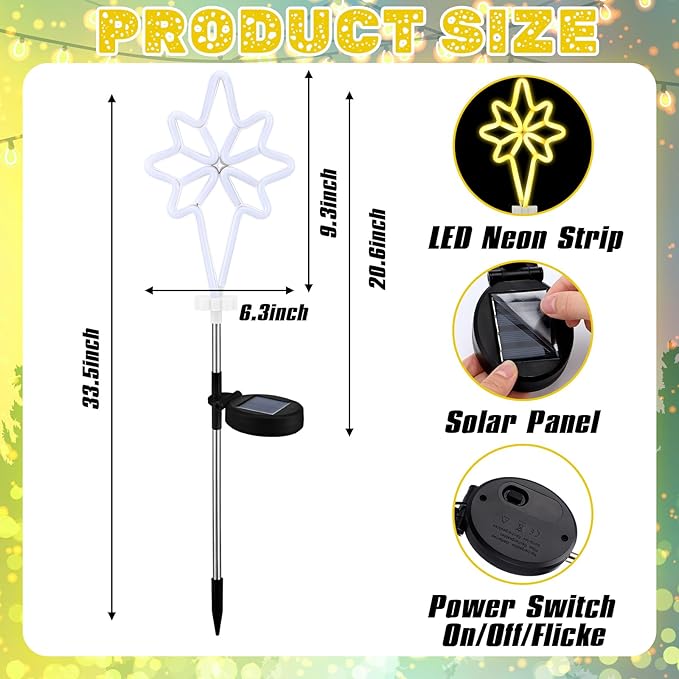 2 Pcs Solar Christmas Garden Stake Lights Waterproof Bethlehem Star Landscape Solar Pathway Lights for Outside Stakes Xmas Neon Yard Stakes for House