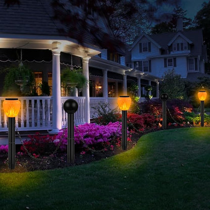 GOESWELL Solar Post Lights Decorative Fence: 27 inch Tall Large Landscape Path Lights with Chains for Pool Driveway Patio Garden - Set of 3 Flickering Flame Lights and 2 Post