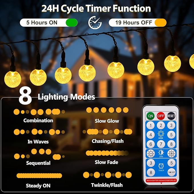 SeaShine Rechargeable Battery Operated String Lights - 13ft 20LEDs Crystal Globe String Lights, IP65 Waterproof | Lumora