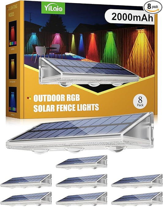 YiLaie Solar Fence Lights Outdoor - Warm White & RGB 6 Color, Solar Lights Outdoor IP67 Waterproof, Garden Lights for Outside/Backyard/Railing/Step/Patio/Wall (8 Pack)