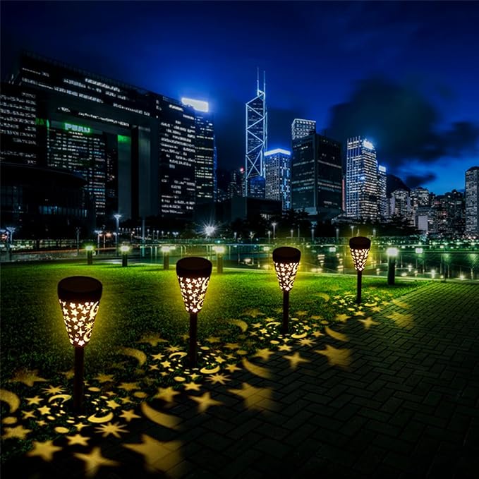 Housoutil 4pcs Solar Garden Pathway Lights Outdoor Solar Powered Landscape Lamps Waterproof Yard Walkway Star Hollow Design for Patio and Backyard Decoration