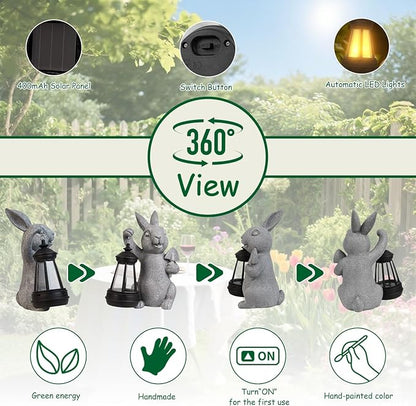 Rabbit Statue Garden Ornaments Art Outdoor Decoration with Solar Powered LED Lights Decor for Patio,Balcony,Yard, Mum Birthday Gifts, Garden Gifts for Women, Chrismtas Gifts for Mom Grandma