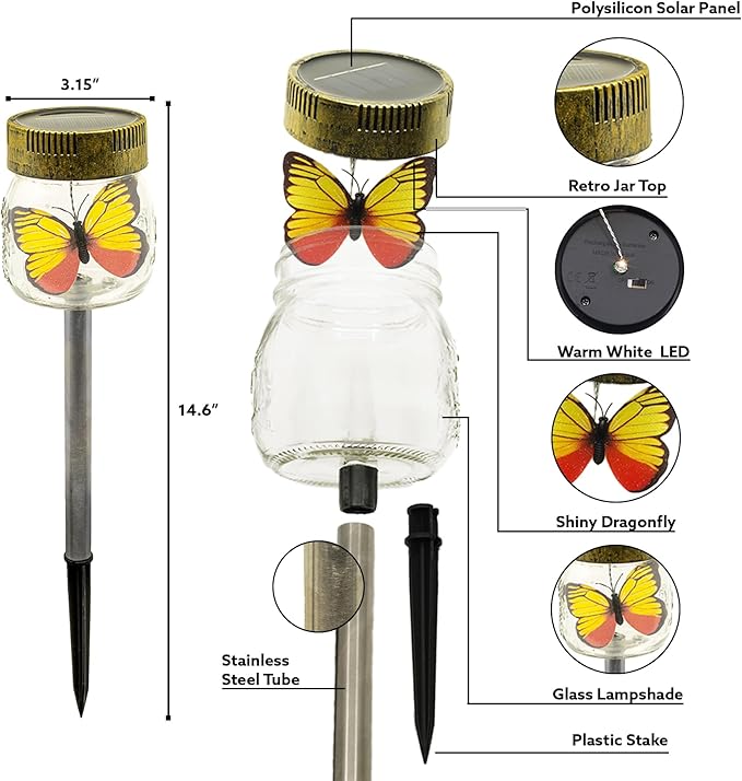 Crosslight Solar Butterfly Jar Stake Light | 3 Pack Waterproof Glass Outdoor Garden Décor | LED Decorative Light Fixture for Yard, Lawn, Backyard, Pathway | Solar Outdoor Lights Decorative