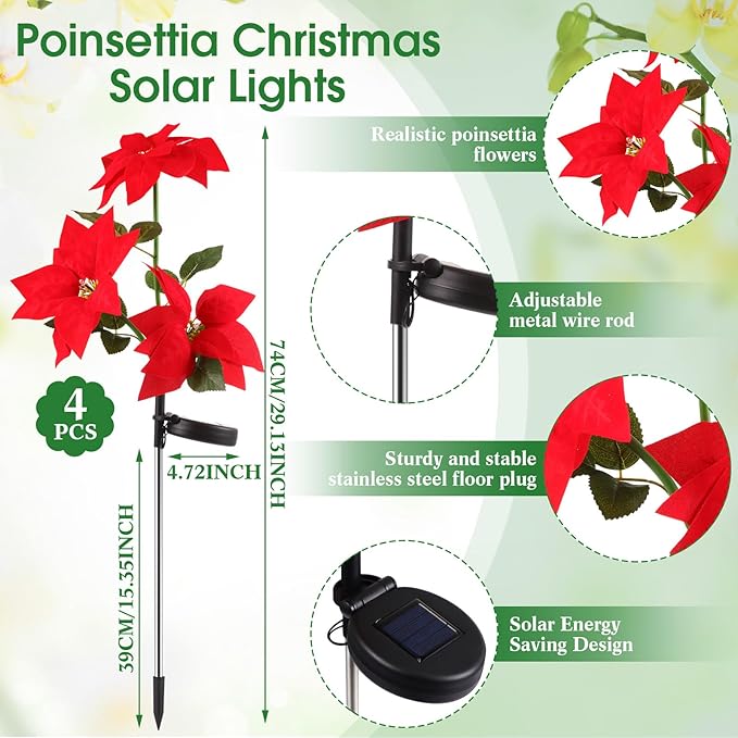 VIHOSE 4 Pieces Christmas Solar Poinsettia Stake Light Flowers Waterproof Trees Pathway Lights for Cemetery Grave Pathway Yard Garden Lawn Outdoor Xmas Decoration