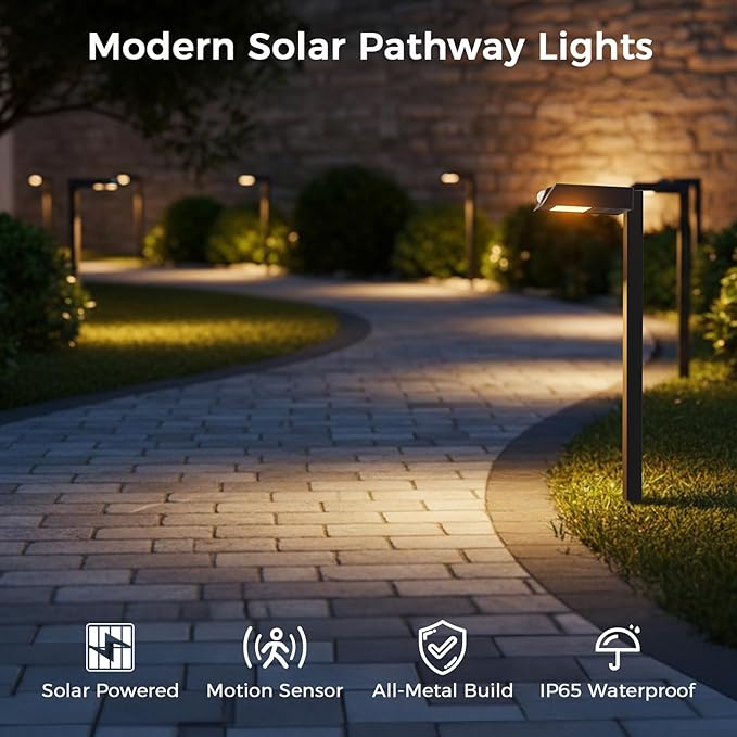 XMCOSY+ Solar Pathway Lights, 4 Pack All-Metal Motion Sensor Outdoor Lights Waterproof, 300LM 24H Illumination Garden Light for Yard, Backyard, Driveway, Walkway, 3 Lighting Modes (Warm/Cool White)