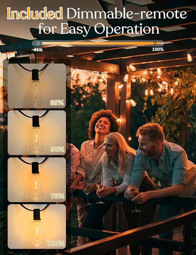 100ft Solar Outdoor String Lights with Remote - USB Rechargeable Solar Powered Outdoor Patio Lights, Larger 3.5W | Lumora