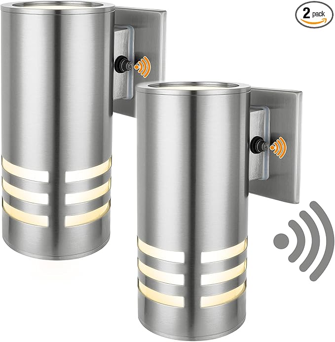 2 Pack Dusk to Dawn Sensor Outdoor Wall Sconce, Anti-Rust Waterproof Up Down Wall Mount Lights with Stainless Steel 304 for Porch Patio Garage Doorway (8.7" Height, UL Listed, No Bulbs)