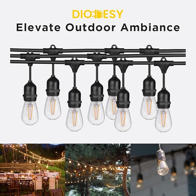 Diodesy- 48Ft Outdoor String Lights with S14 LED Shatterproof Edison Bulb & 15 Hanging Socket Commercial Grade E26 | Lumora