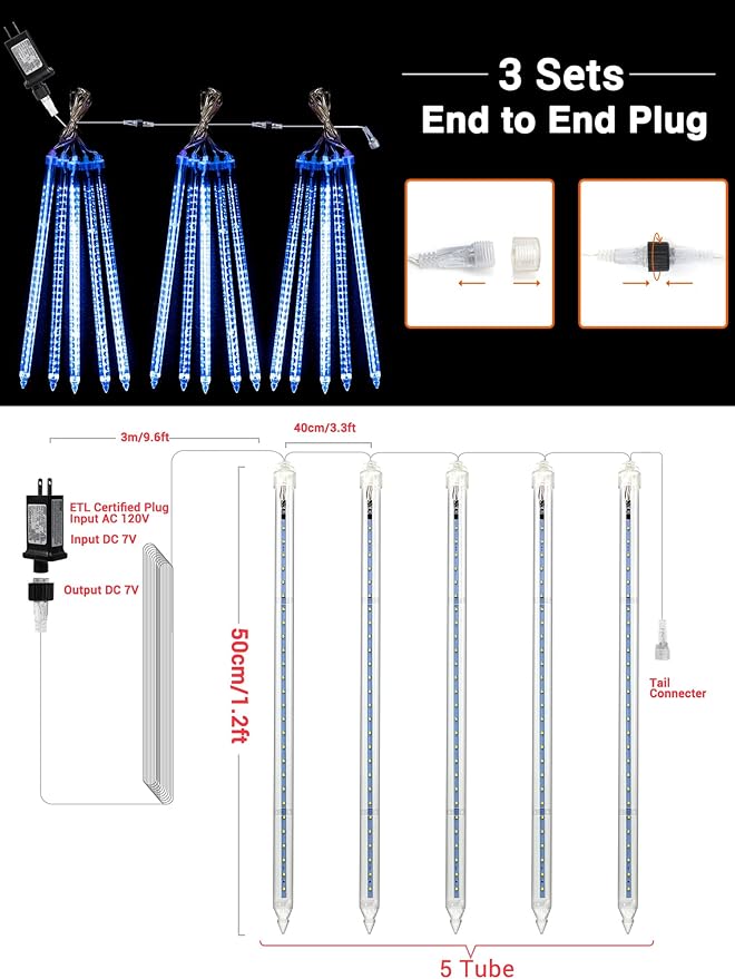 Flacchi Meteor Shower Icicle Lights - 5 Tubes 20" Each 270 LED Cascading Raindrop Lights, Timer Outdoor Waterproof | Lumora